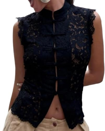 Camiseta de encaje con cuello mandarín para mujer, con botones, cuello alto, semitransparente, floral, sin mangas, estilo vintage