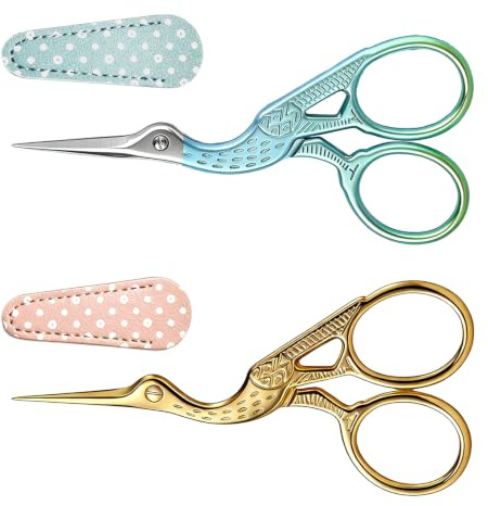2 Pcs Embroidery Scissors, Stainless Steel Crochet Scissors with Leather Protective Case, Vintage Sewing Scissors for Embroidery, Sewing, DIY Crafts and Needlework (Gold+Blue-Yellow)