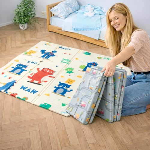 Krabbelmatte Baby, faltbar, doppelseitig, 150x180cm Dinosaurier und Autos