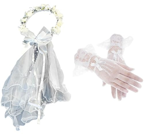 Tressify Velo blanco de comunión para niñas, corona de 9.1 pulgadas con velo de tul de tela de 17.7 pulgadas, diseño de lazo de encaje, incluye guantes de red de 11 pulgadas para ceremonia católica