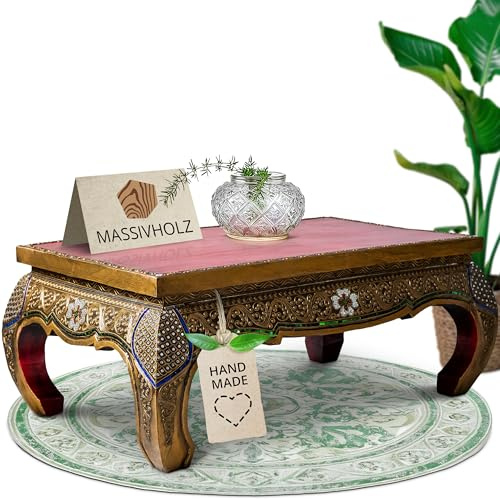 livasia Opiumtisch aus Massivholz – 100x60x45cm – Handgeschnitzter Beistelltisch Holz aus Thailand, Elegant & Detailverliebt, asiatische Kunst mit Glasmosaik