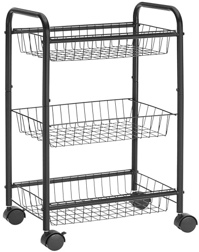 SONGMICS 3-Tier Metal Rolling Cart on Wheels with Baskets, Lockable Utility Trolley with Handles for Kitchen Bathroom Closet, Storage with Removable Shelves, Black UBSC03BK