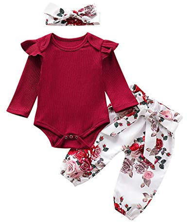Walabe Vetements Pour Bebe Fille Garcon Naissance Combi Barboteuse + Pantalon à Fleurs + Bandeau Ensemble Pour Bebe 3-18 Mois 3Pcs/Sets