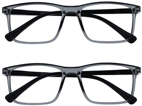 OPULIZE Ink Lessebrille 2er Pack Groß Rechteckig Rahmen Federscharniere Kratzfest Transparent Grau Schwartz Bügeln Herren Damen RR4-7 +3.00