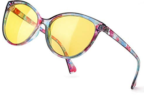 TJUTR Polarisierte Nachtfahrtbrille Damen, HD-Nachtsichtbrillen Reduzieren Blendung UV-Schutz Nachtbrillen (Blau Blumen/Gelb Nachtsichtbrille)