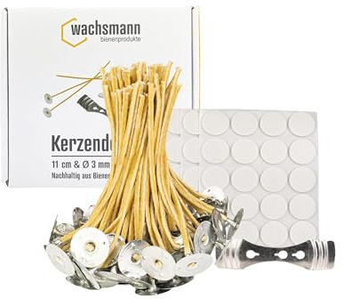 100 Mechas para Velas sin parafina | Sostenibles de Cera de Abeja y cáñamo | Enceradas con pie | Set con Puntos Adhesivos y Soporte para mechas | Varias Longitudes (Ø 3mm | Longitud 10cm)