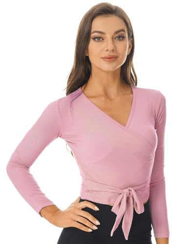 Kaerm Damen Ballett Wickeljacke Gymnastik Tanz Ballettjacke Lange Ärmel Tanz Jäckchen V-Ausschnitt Cardigan Tanz Wickeltop Für Frauen Gr. S-XXL Rosa S