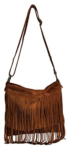 Modarno Borsa a tracolla con frange in camoscio - borsa tracolla donna in pelle scamosciata (Marrone)