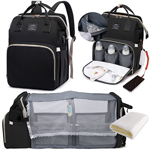 LEcylankEr Zaino per Pannolini con Lettino - Zaino Fasciatoio Mamma Multifunzione Grande con Fasciatoio e Borsa isolante, Zanzariera e Porta di Ricarica USB (Nero)