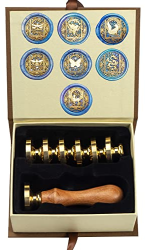 Wachs-Siegel-Stempel-Set, ANBOSE Tier-Wachs-Siegel-Stempel-Set mit 7 PCS abnehmbaren Messingköpfen und 1 Holzgriff, Stern-Schmetterling-Biene-Drache-Siegel-Wachs-Stempel für Karten Einladungen, M