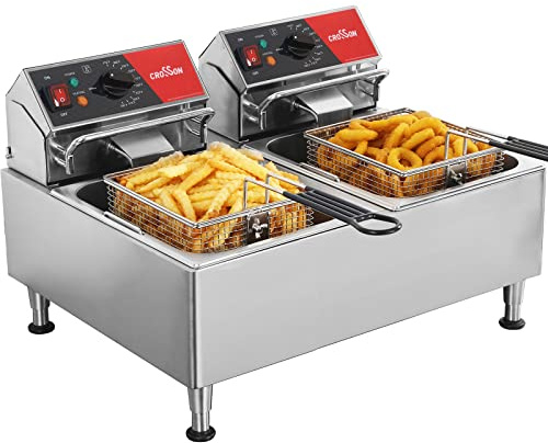 CROSSON ETL Listed Dual Tank 26Lbs Electric Deep Fryer with Solid Basket,Removable Oil Container and Height Adjustable Legs for Restaurant -120V,3600W Commercial Countertop Deep Fryer