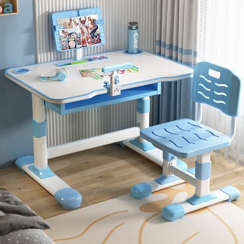 Vinteky Kinderschreibtisch, Schreibtisch Höhenverstellbarer schreibtischstuhl Jugendschreibtisch mit Stuhl für Kinder, Schreibtische für Kinder mit Schubladem (Blau)