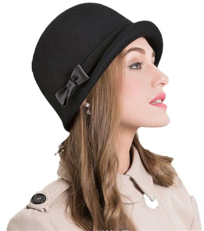 Bciopll Schwarzer Wollfilz-Fedoras-Hut für Damen, Kirchenkappe, Damen-Glockenhut, Winter, Schlapphut, Bowler-Cap, schwarze Wollmütze, 56–58 cm, Schwarze Wollmütze, Einheitsgröße