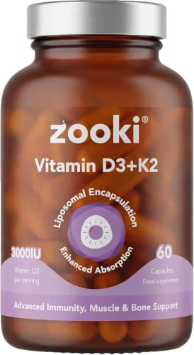 Zooki Liposomal Vitamin D3 + K2 3000IU, 60 Capsules, 30 Servings | High-strength vitamin D supplement, D3 and K2 vitamins, immune, bone and muscle support, vegan liposomal capsules