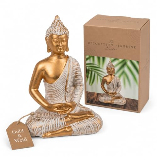 MIJOMA Buddha-dekorativ figur, guld och vit, vintage, polyharts, 14–34 cm höjd, tillval med värmeljushållare – andlig lugn och elegans (11 x 9 x 16,5 cm)