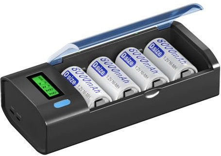 Paquete de 4 pilas D con cargador universal para batería recargable AA AAA C D 9V NiMH NiCD, función de descarga y pantalla LCD de carga rápida (micro USB o tipo C)