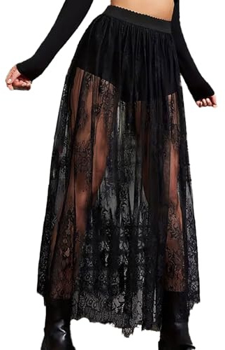 Githic - Gonna in pizzo per feste, da donna, sexy, in rete, con pantaloncini, gonna lunga in tulle con tessuto a rete, alta gonna bassa, Y2K, gonna trasparente