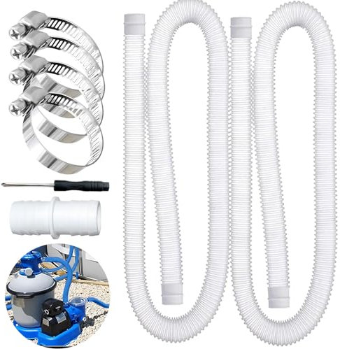 2Pcs tuyau piscine 32mm, avec 4 Clips de Sécurité Métalliques, pour Tuyau d'aspiration et Tuyau de Pompe, Blanc