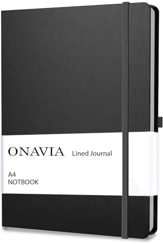 ONAVIA Carnet de Notes A4 Classique Papier Ligné, Journal Couverture Rigide et Fermeture par Elastique, 160 Pages et 80 g/m² (Noir)