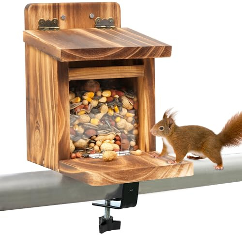 MIXXIDEA Deck Squirrel Feeder Box, Sturdy Squirrel Feeding House with Thickness 1.5CM Wood, No Assembly Required, for Backyard Outside Garden (1 PCS)