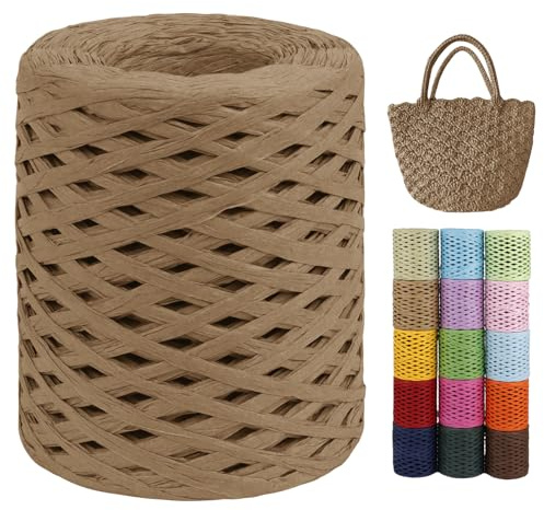 LEREATI Raffia Garn zum Häkeln von Taschen, 3mm x 200m Flach Papierdraht Bast Band Natur Paketschnur Papiergarn Raffia Bast zum Häkeln Handtasche, Körbe, Hüte, Geschenkverpackung (Helles Kaffee)
