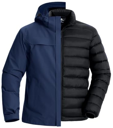 Pioneer Camp Giacca da sci 3 in 1 da uomo, con fodera in piuma, impermeabile e antivento, calda giacca da snowboard con cappuccio regolabile, blu navy, L