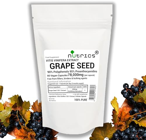 Nutrics® 78,000mg (per Capsule) Grape Seed Extract 120:1 95% Proanthocyanidins 90% Polyphenols Pure 90 V Capsules (3 Months Supply) - Pure Grapeseed
