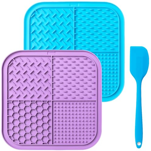 Teouuas 2 Piezas Alfombrilla para Lamer Perros con Ventosas, Silicona Lick Mat Perros y Gatos, con 1 Espátula de Silicona, para Bañarse, Arreglarse, Entrenar y Cuidado de Las Garras