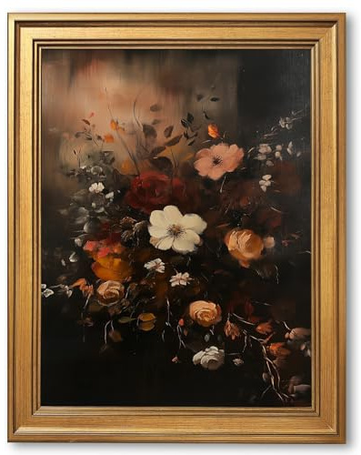 Gold Framed Vintage Floral Wall Art Retro Dark Botanical Oil Painting Poster Victorian Moody Roses and Wildflowers Elegant Baroque Style Canvas Print for Rustic Bedroom Home Decor 12x16inch
