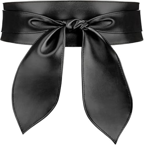 Zestjewel PU Leather Waist Belts Womens Vintage Wide Waist Band Belt Retro Bow Tie Bandage Girdle Wrap Waspie Band Womens Leather Corset Cinch Waistband Halloween Costume Long Belt – Black