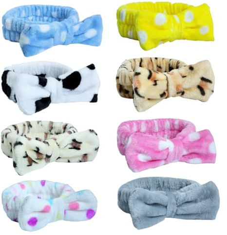 8 Pcs Spa Headband, Soft Bow Hair Band Skincare Headbands, Bow Hair Band Women Girls Facial Makeup Head Band Soft Coral Fleece Head Wraps for Spa Shower