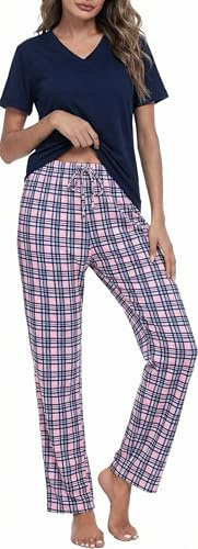 Aseniza Pijama Mujer Algodón Conjunto de Dormir Verano Camiseta de Manga Corta y Pantalón Largo a Cuadros Ropa de Casa Cómoda