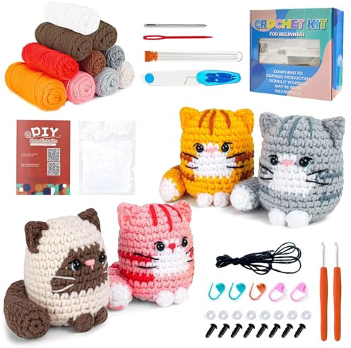 Yunlaishaocer Kit Uncinetto Principianti,Set Iniziale con Lezione Video in Inglese,Passo Dopo Passo,Set All'uncinetto per Principianti per Adulti (Famiglia dei gatti Quattro)