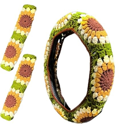 Virkat Rattöverdrag | Broderat Blommönster, 35-38cm | Med 2 Säkerhetsbältsöverdrag, Halkfri | 4-Säsongs Dekorativt Billstillbehör, Universal