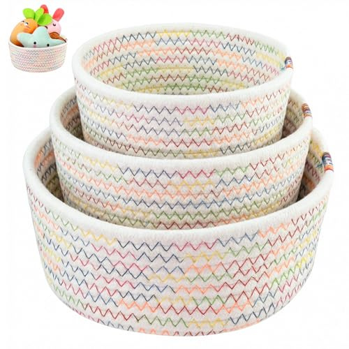 Lot de 3 paniers de rangement en corde de coton tressé – Corbeilles indéformables blanches avec fil coloré pour chambre d'enfant, salle de bain et étagère – 3 tailles (16/20/24 cm) – Paniers de