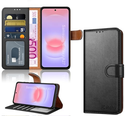 iCatchy for Samsung Galaxy A27 Case, [RFID Blocking] Premium PU Leather Wallet Flip Cover with 4 Card Slots, Cash Pocket, Kickstand and Magnetic Closure - Shockproof Protective Book Case (Black)