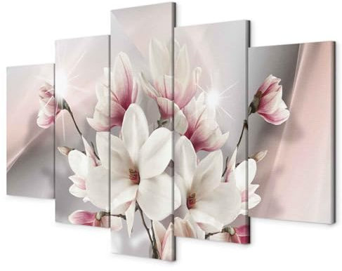 B&D XXL - Quadro Fiori Magnolia 100x50 cm 5 Pezzi - Stampa su Tela Canvas con Struttura - Quadri Componibili Moderni Soggiorno Grandi - Murale Arte Decorazioni da Parete Decori - b-A-0217-b-m