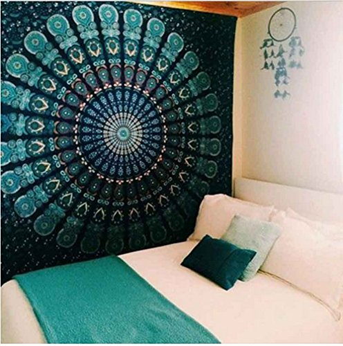 DadaAA Mandala-Wandteppich, Boho-Stil, für Schlafsaal, Polyester, Pfauengrün, 210 x 150 cm