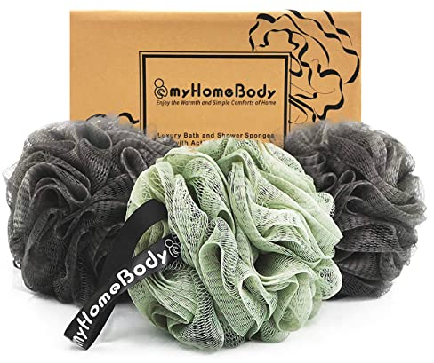 myHomeBody Large 70g Loofah Sponge, Bath Body Scrubber for Women, Men, Exfoliating Shower Pouf with Activated Charcoal - 2 Graphite Gray + 1 Sage Green, 3 Pack