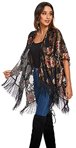 MJ SERECA - Cárdigan kimono de terciopelo quemado con borlas para mujer, Talla única