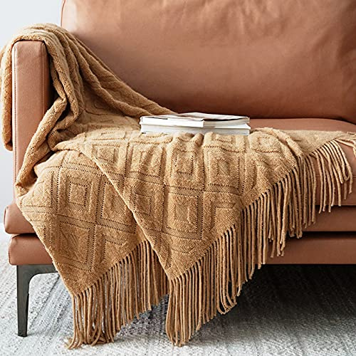 LumiSyne Coperta a Maglia Sfrangiata Tinta Unita Jacquard Motivo a Rombi Calda Coperte In Maglia Copriletto a Maglia Coperta Da Tiro Adatto Per Letto o Divano 130×170cm
