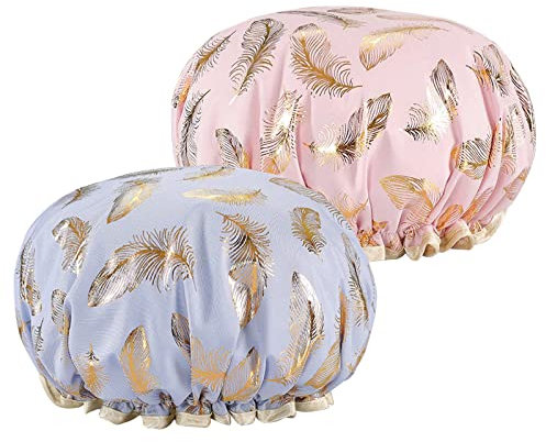 2 PCS Double Layer Shower Caps Reusable Shower Caps for Women UK Fashion Ruffles Lightweight Elastic Plastic Practical and Convenient Unisex