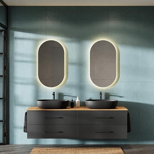 Planetmöbel LUX Badmöbel Waschtischunterschrank 180 cm hängend ohne Aufsatz-Waschbecken, Waschtisch Gold Eiche/Anthrazit