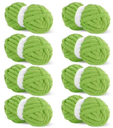 Hombys Grass Green Chunky Chenille Yarn for Crocheting & Knitting, Super Bulky, Soft Plush, 8 Jumbo Packs (27 yds, 8 oz Each)