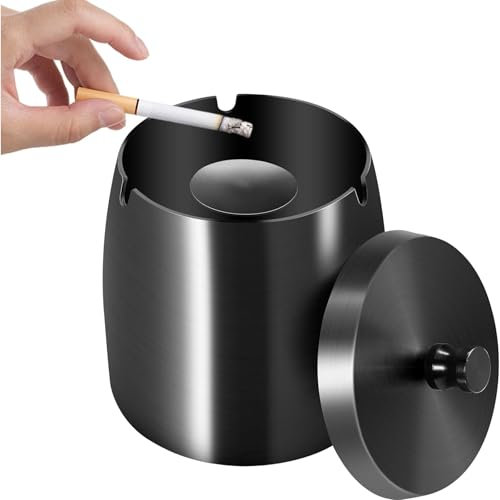 Aschenbecher mit Deckel (10×9×10cm) - Aschenbecher für Draussen, Groß Aschenbecher Outdoor, Windaschenbecher Edelstahl, Sturmaschenbecher mit Boden, Standaschenbecher für Draußen - Schwarz