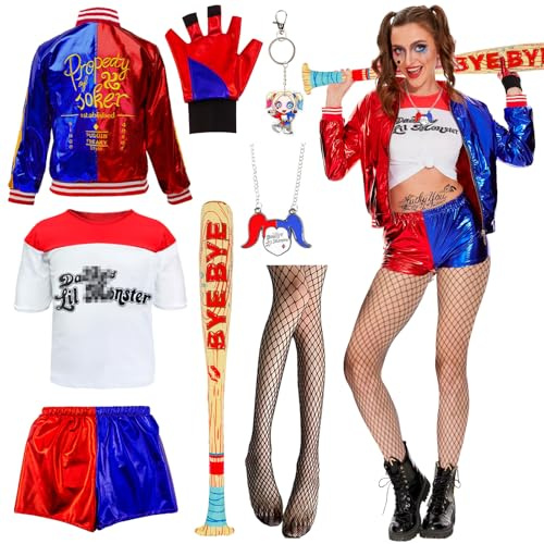 Quinn Costume da donna suicida da cattiva, costume da cattiva, con giacca, maglietta, pantaloncini, guanti, calze a rete, collana, per Halloween, carnevale, cosplay, Joker