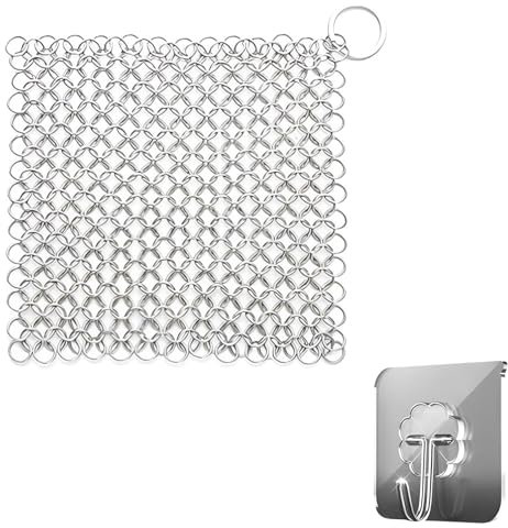 Vastsea Nettoyant en Fonte pour Poêles, Récureur en Cotte de Mailles, avec Crochet Autocollant, Nettoyant pour Fours, Poêles à Griller, Poêles en Fonte ou Woks et Plus Encore.