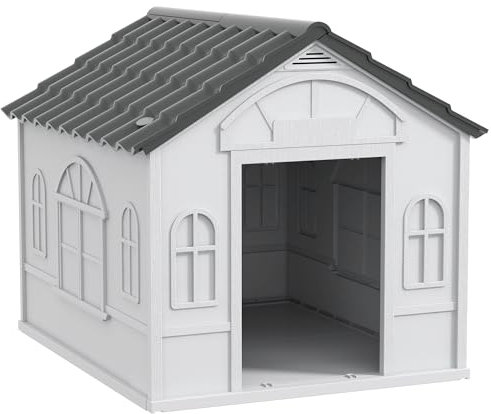 PawHut Hundehütte, Hundehaus mit Satteldach, wetterfest Kleintierhaus für mittelgroße Hunde unter 20 kg, Hundehütte Outdoor, 65 x 75,7 x 63 cm, Grau