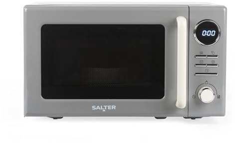 Salter Retro Digital Grey Microwave – 20 Litre, Defrost by Time/Weight, 25.5 cm Glass Turntable, 95 Minute Timer, 8 Auto Cooking Presets, Solo Microwave Oven, Easy Clean, Button/Dial Control, 800W