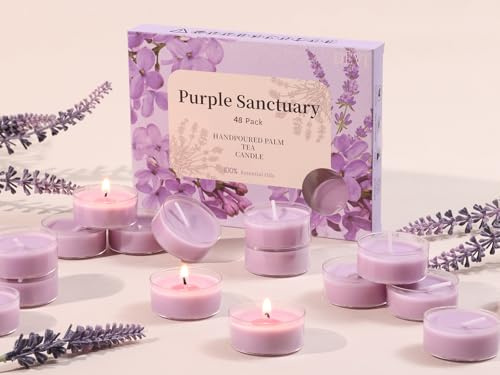 DEVI Eucalyptus & Lavender Highly Scented Tea Lights Candles 48 Pack, 5-6 Hours Natural Palm Tea Candles for Home Scented, Small Votives with Essential Oils for Home Aromatherapy,Mother‘s Day Gift